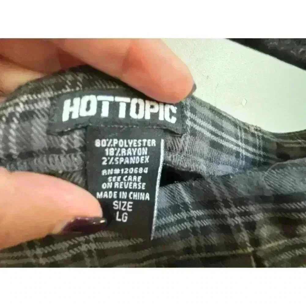 HOT TOPIC Plaid Skirt Womens L Black Gray Grunge Rock Punk Academia Suspenders - Picture 2 of 4